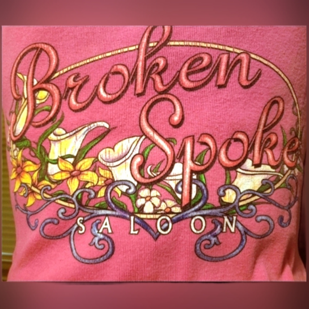 Vtg Y2K pink Broken Spoke saloon embroidered graphic cut out handkerchief tank M - Picture 8 of 17